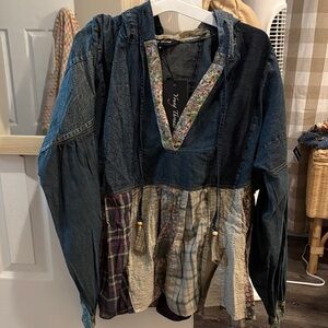 Patchwork Denim Hoodie with Floral Accents